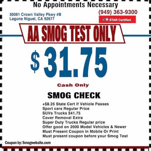 AA Smog Test Only Smog Check Coupon Laguna Niguel